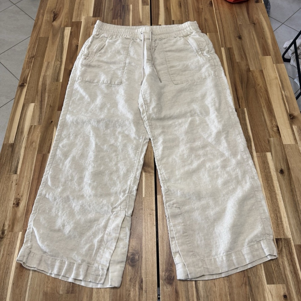 Athleta Linen Pants Womens L Ivory Lightweight Breathable Beach Wide Leg Preppy